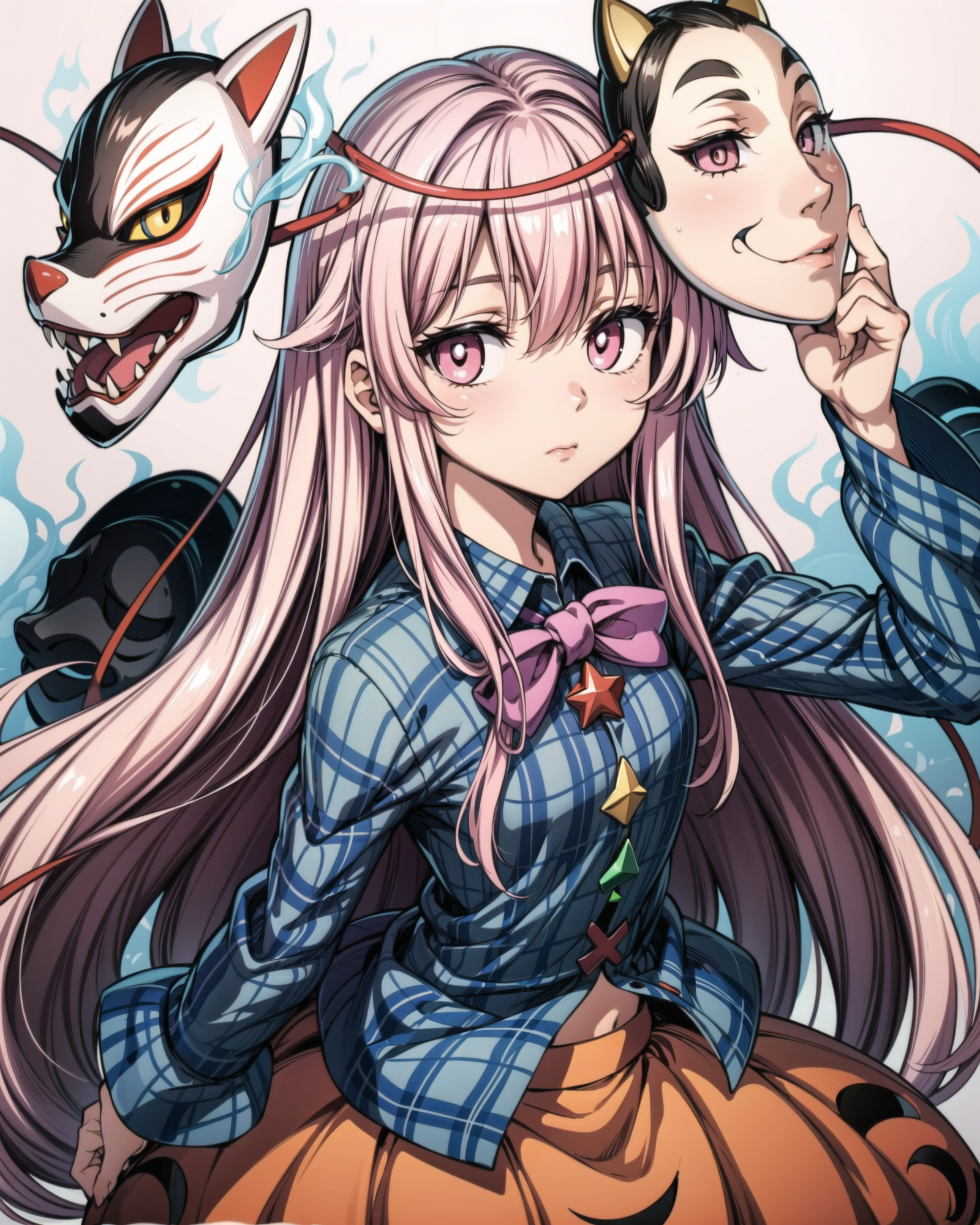 00589-1966868885-,hata no kokoro,1girl, long hair, mask, shirt, solo, plaid shirt, skirt, pink hair, fox mask, bubble skirt, expressionless, plai.png